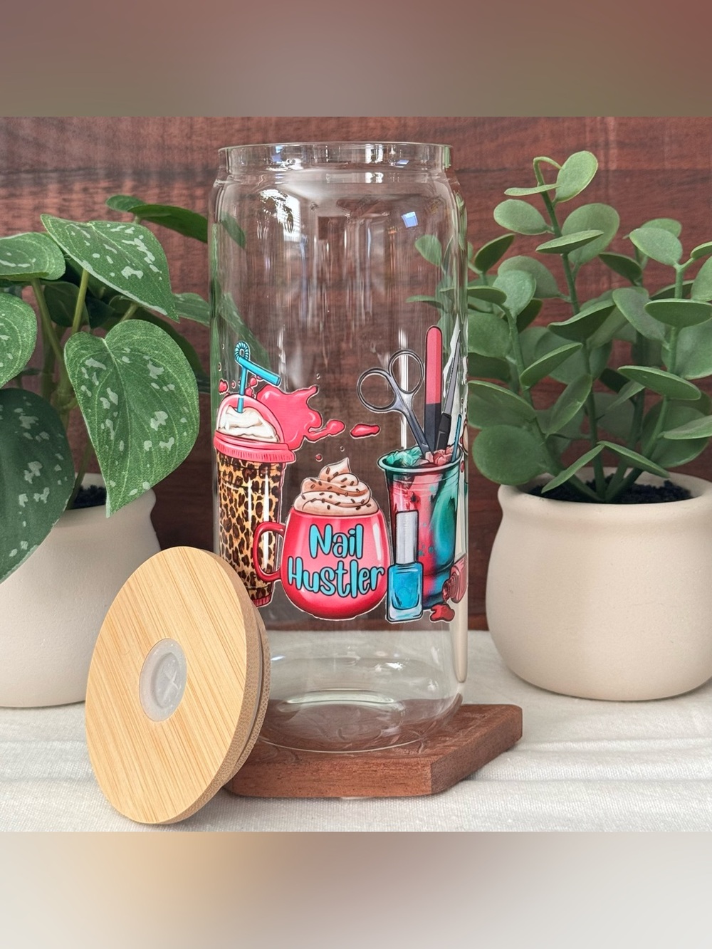 Nail Hustler Glass Tumbler with Bamboo Lid - Nail Tech Gift